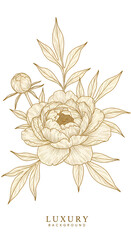 Isolated Gold Peony Floral Illustration On Black Background