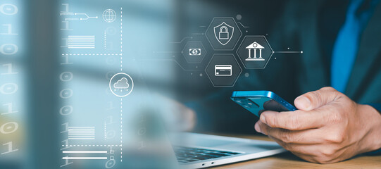 Online Payment via Digital Banking Financial Technology Customers use their mobile phones to access online banking services via a mobile application with a financial technology icon.