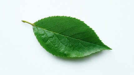 Obraz premium A single green leaf on a white background. The leaf has a smooth texture and a prominent central vein. It represents nature and freshness.