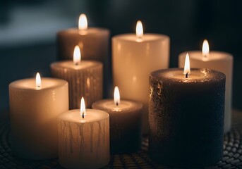 Warm glow of multiple lit pillar candles creating a cozy ambiance