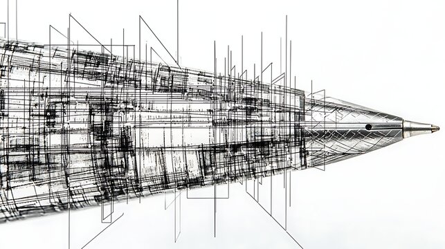 Fototapeta Closeup detail of ballpoint pen nib and notebook lines, captured with zoom lens, emphasis on writing precision and clean paper surface, white background for contrast