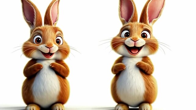 Two adorable, fluffy cartoon rabbits standing upright, smiling happily, creating a cheerful and playful scene	

