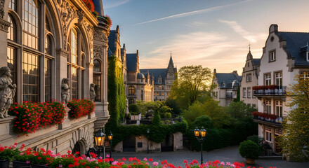 Obraz premium European-style street with beautiful buildings, flower boxes on windows, and lush green trees lining the walkway