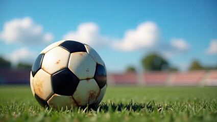 A close-up of a weathered soccer ball resting on a vibrant green field under a clear blue sky.