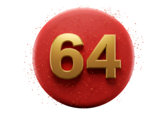 Isolated Gold Number 64 On A Red Circle With Transparent Background