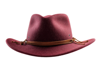Maroon cowboy hat, angled view.  Deep maroon felt, wide brim, tan leather band with fringe