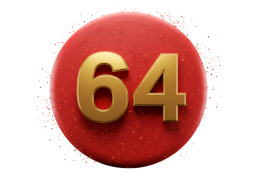 Isolated Gold Number 64 On A Red Circle With Transparent Background