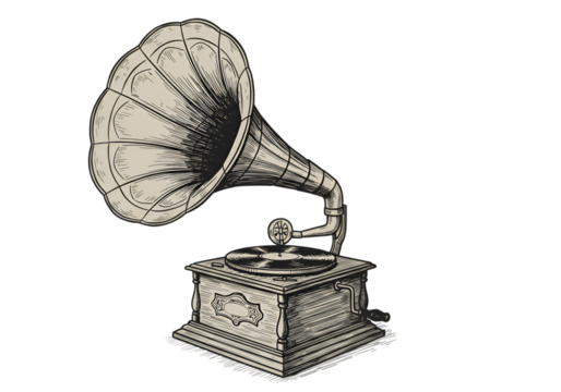 Isolated Gramophone Illustration with Detailed Texture on Transparent Background