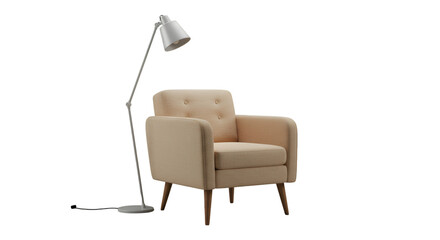Isolated Modern Beige Armchair and Lamp on Transparent Background