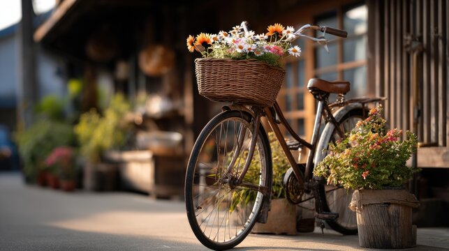 An old vintage bicycle parked beside a quaint flower shop, its worn metal frame showing rustic patina and chipped paint