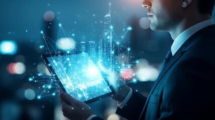 Digital cityscape projected on a tablet held by a businessman - Powered by Adobe