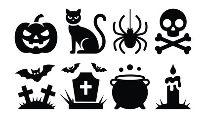 Minimalist Halloween Silhouette Icons , Clean Black Vector Designs of Jack-o’-Lantern, Black Cat, Spider on Web, Skull, Bats, Tombstone, Cauldron, and Candle