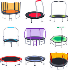 trampoline jumping set cartoon vector illustration