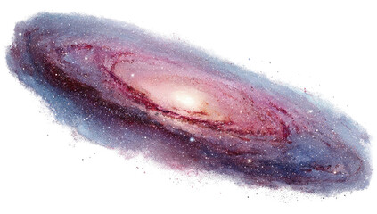 Oval galaxy, swirling nebulae, cosmic dust.  Pink, purple, and light-blue hues.  Central bright core.  Vast space, celestial