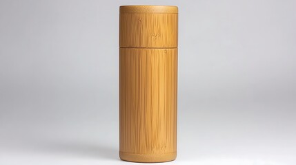 Bamboo water bottle placed centrally on white seamless background, captured using 24-135mm lens at 70mm, highlighting natural wood grain and smooth finish with soft lighting