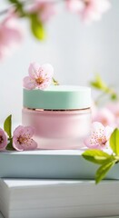 Skincare cream jar with pink cherry blossoms cosmetic