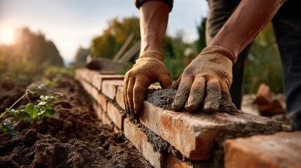 Close-up of worker hands carefully placing bricks in a straight line on a wall, applying wet mortar evenly between each brick