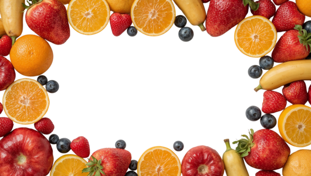 Vibrant fruit medley frame with isolated transparent area for health and nutrition content creation