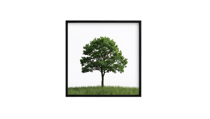 Obraz premium Artistic presentation of a solitary tree standing on a grassy patch in a picture frame, isolated
