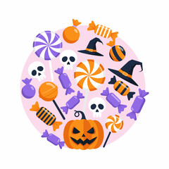 Fototapeta premium Flat vector illustration of Halloween candy in circle