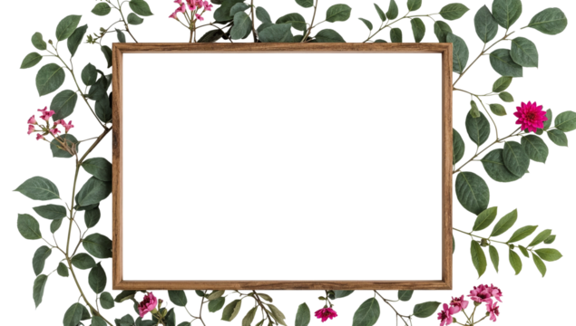 Elegant floral frame with vibrant pink blossoms and lush green foliage on transparent setting