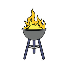 Barbecue grill burning with large flames on white background