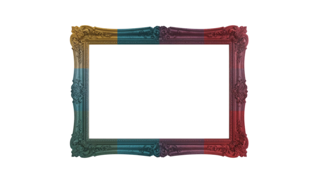 Ornate picture frame with vibrant color gradients, isolated on a transparent presentation