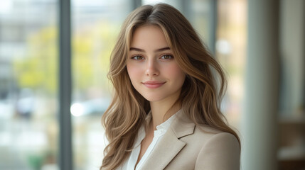 Fototapeta premium Portrait of a smiling young woman in a beige blazer, perfect for confidence, professionalism, and modern lifestyle inspiration concepts