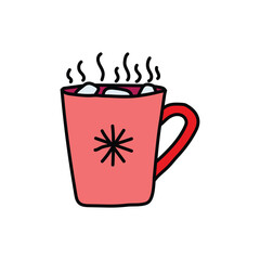 Steaming pink mug with marshmallows and snowflake design warming up for winter