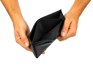 Hands holding an empty black leather wallet isolated on transparent background