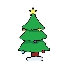 Christmas tree with colorful ornaments and star celebrating winter holidays