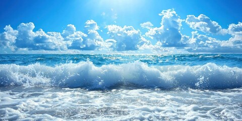 A pod of dolphins playing in the rolling waves under a bright blue sky