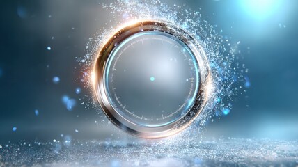 Futuristic countdown interface with glowing elements and snow particles in a winter setting