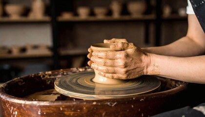 Close-up of potter's hands shaping clay on a pottery wheel in a workshop