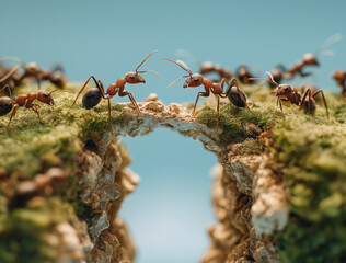 A group of ants carrying a piece of wood across an open chasm