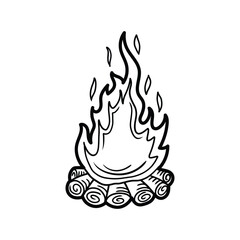 Burning bonfire with logs embracing the flames in hand drawn style