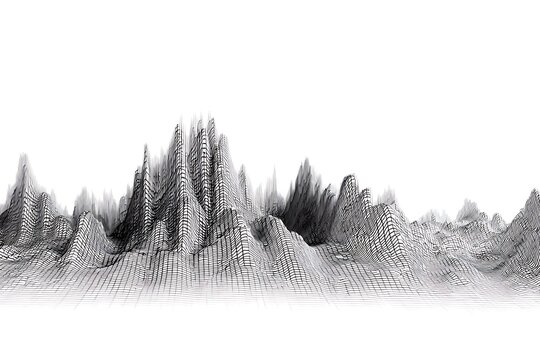 Dynamic monochrome 3D landscape illustration creates a modern, abstract design element, perfect for tech, data visualization, and digital projects