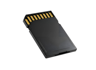 Black sd card with gold contacts isolated on transparent background