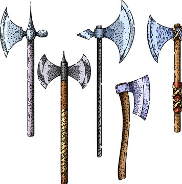 axe medieval set sketch hand drawn vector