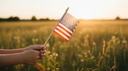 Child Holding American Flag in Summer Field at Sunset