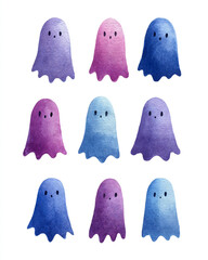 Vector art of watercolor ghosts isolated on white background, cute and spooky halloween theme