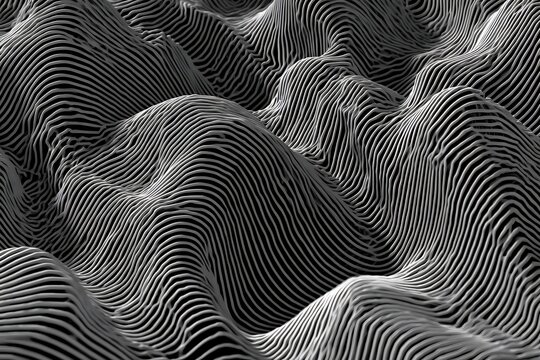 Abstract 3D topographic landscape with flowing lines creating a dynamic and modern visual design, perfect for tech, design, and data visualization projects