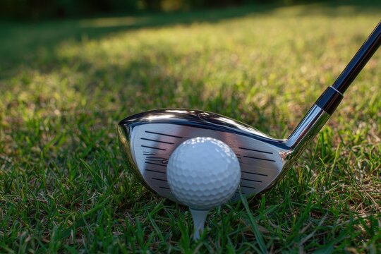 Close up of a golf club driver poised to strike a white golf ball on a tee in green grass