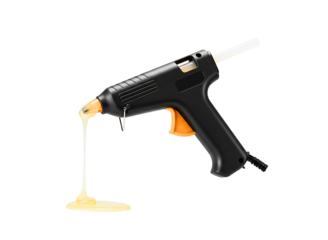 Black hot glue gun with yellow trigger and dripping glue isolated on transparent background