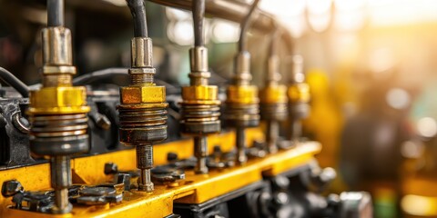 Fototapeta premium Close up of an engine's fuel injectors with golden and silver metal components
