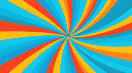 Radial abstract burst pattern with alternating blue orange and yellow curved stripes