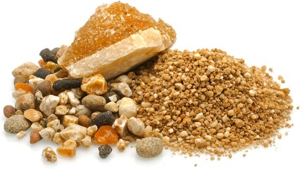 Zoom lens photo of sandy soil sample scattered with small stones on white background, detailed texture and natural granularity visible