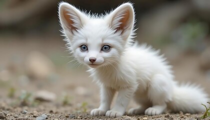 A small white fox with oversized ears is shown in the foreground of the image, positioned slightly to the side for a natural, candid look