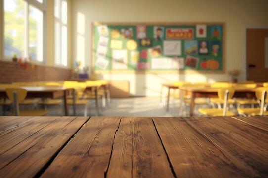 Empty classroom with sunlight streaming through windows illuminating wooden desks and chairs creating a nostalgic and quiet learning environment