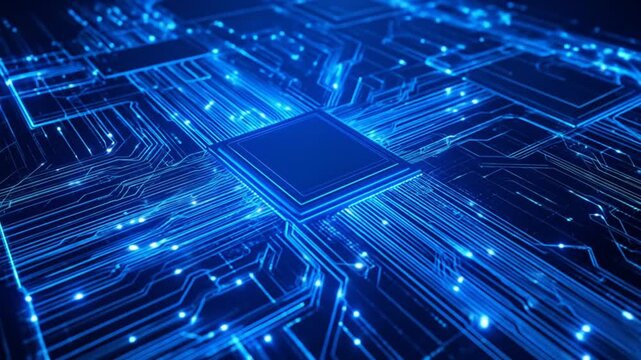 Illuminated Blue Circuit Board with Microchips and Electronic Components High Tech Computer Hardware Connectivity Conceptual Digital Background